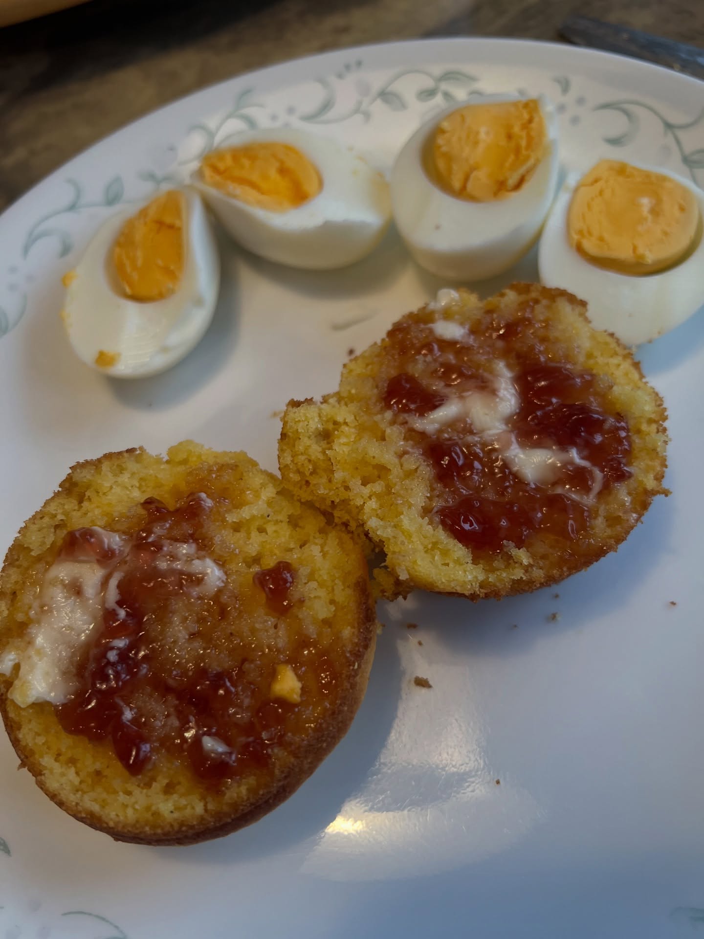 Cornmeal muffins with Blackberry Amaretto Jelly😋 absolutely heavenly.  Add in eggs that were hard boiled in the Instapot for easy peeling. #cornbread #breakfast #eggs #instapot