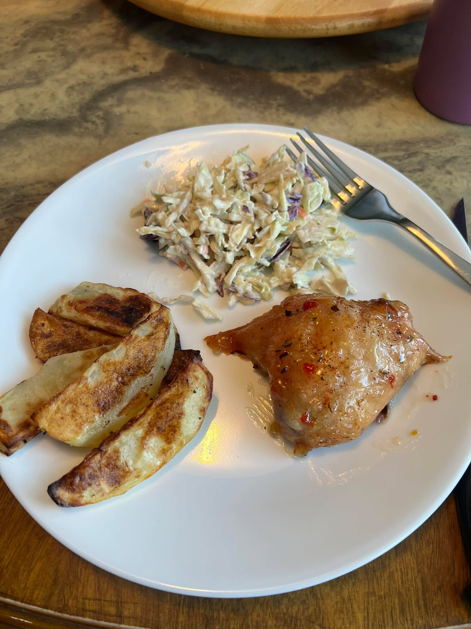 Easy peasy oven meal tonight

🍗Chicken seasoned with Onion, Garlic & Herb, baked then glazed with the incredibly delicious Peaches, Pineapple & Peppers Grilling Sauce

🥔Potatoes tossed in Meyer Lemon Infused Olive Oil.  Seasoned with Garlic Pepper with a twist of Lemon and salt.  Baked in oven along with chicken.

🥗Coleslaw (from a bag cause it’s easy) dressed with mayo and Smoky Chipotle Honey Mustard.  This is a new favourite- smoky, sweet and mouth watering.